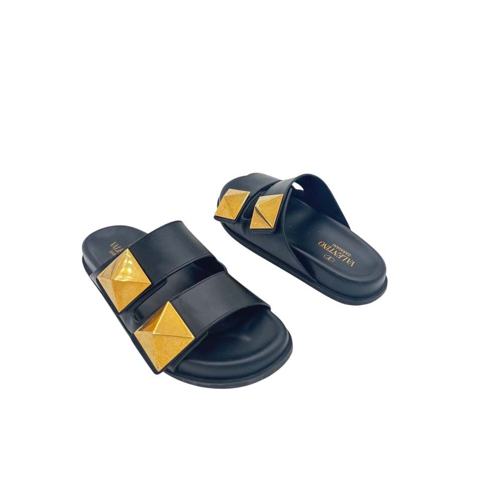 Valentino Garavani One Stud Flat Slide Sandals Black Pool Mule Size EU 37.5